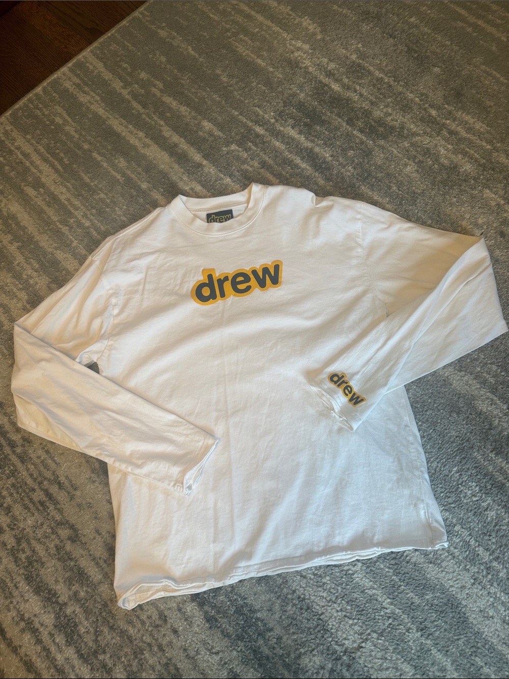 drew house Men’s White Long Sleeve Tee with Yellow Logo